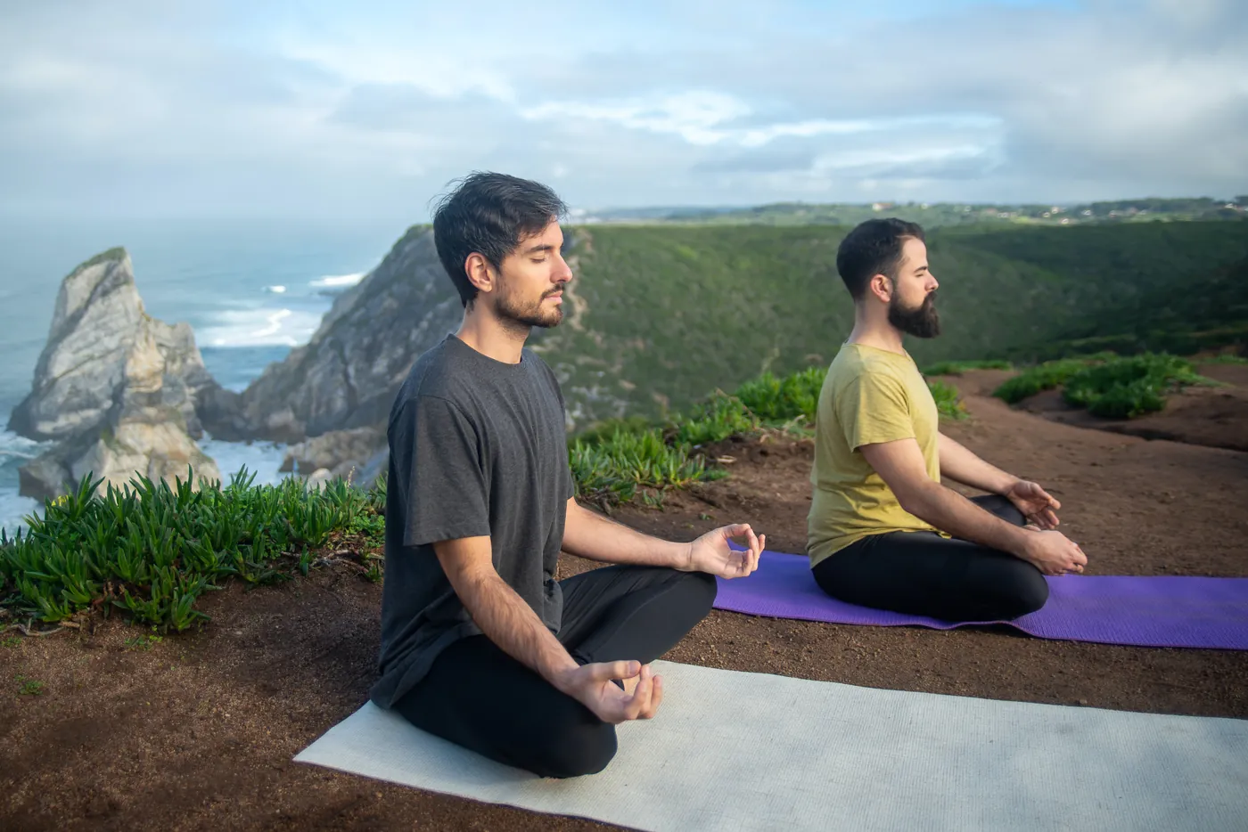 Two people doing a gentle morning stretching routine outdoors