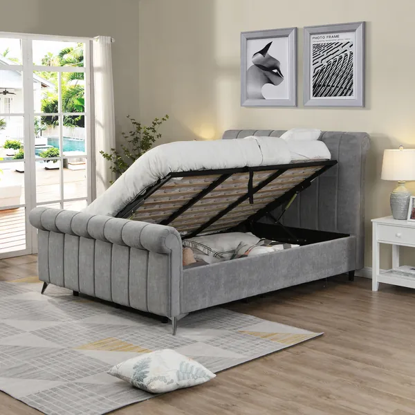 Grey ottoman storage bed with the mattress platform lifted to show the storage space underneath